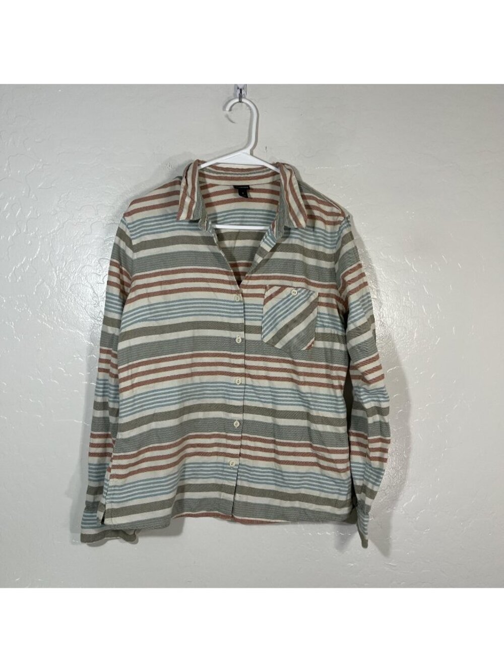 Patagonia Striped Button-Up Shirt in Green, Brown, and Cream